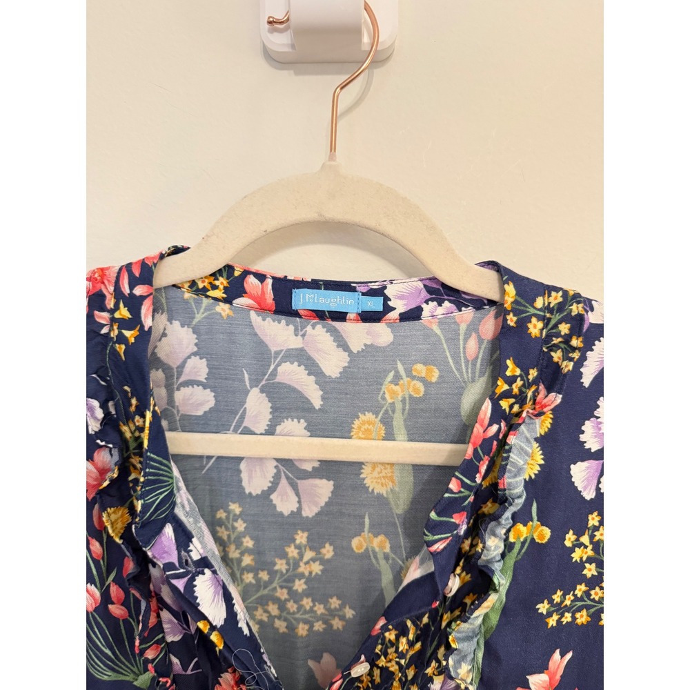 J.McLaughlin Silk Blend Floral Tiered Midi Dress Blue Ruffle Neck Pockets XL - Picture 7 of 12
